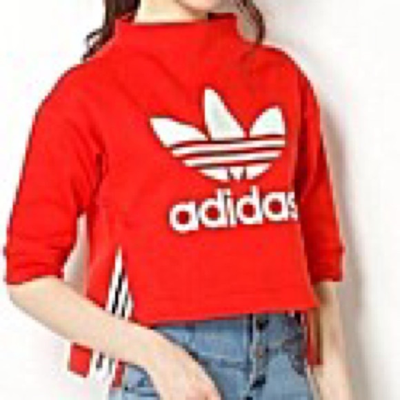 ADIDAS ORIGINAL Mock Neck 3/4 Sleeve Crop Sweatshirt Core Red Size XS - Picture 4 of 14